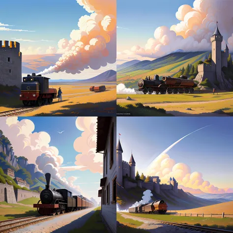 classical oil painting of anime key visual environment concept art of rail canon artillery firing over castle walls, smoke debris, grimdark steampunk fantasy, trending on artstation, brush strokes, oil, canvas, style of kawacy makoto shinkai jamie wyeth james gilleard edward hopper greg rutkowski, preserved historical