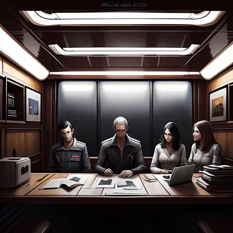 concept art by greg rutkowski, a very tall, and slender man with short black hair, sitting with the crew in the ship's bridge, brutalist futuristic interior, dark lighting atmosphere, detailed portraits, nostalgic atmosphere, scifi, digital painting, artstation, concept art, smooth, sharp foccus ilustration, artstation hq