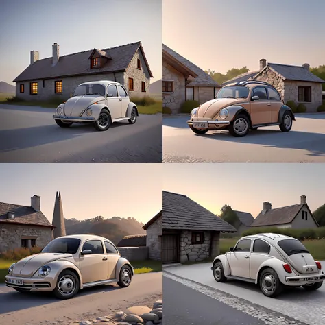 a vw beetle parked near a small medieval stone house at sunrise, concept art, octane render, unreal engine 5, trending on artstation, high quality, 8 k, soft lighting, path traced, hyperrealistic, highly detailed, digital art, symmetrical, cinematic, high coherence, godrays