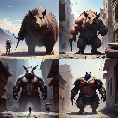 Giant Hog looking at mouse, medium shot, fear, D&D, artstation, fantasy, magic the gathering artwork, cinematic lighting, centered, symmetrical, highly detailed, digital painting, , concept art, smooth, sharp focus, illustration, volumetric lighting, epic Composition, 8k, art by Akihiko Yoshida and Greg Rutkowski and Craig Mullins, oil painting, cgsociety