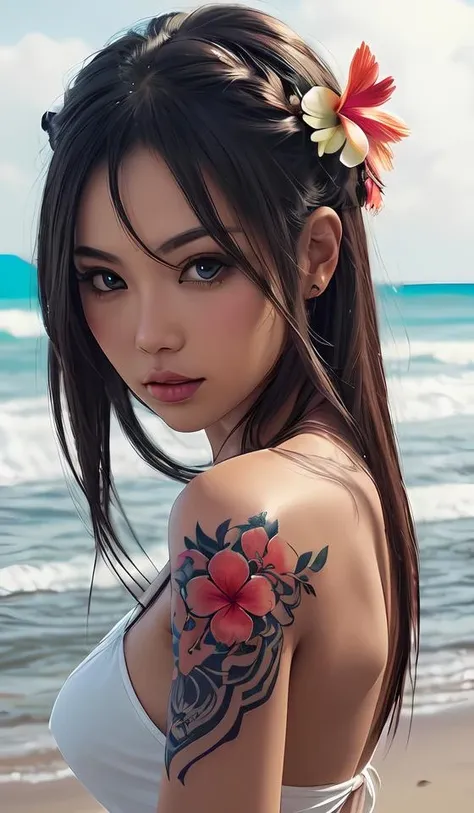 tattoo design, stencil, beach photography, tattoo stencil, traditional, beautiful portrait of a traditional Hawaiian girl with flowers in her hair, upper body, by artgerm, artgerm, artgerm, digital art, cat girl, anime eyes, anime, sexy, super model-s 100