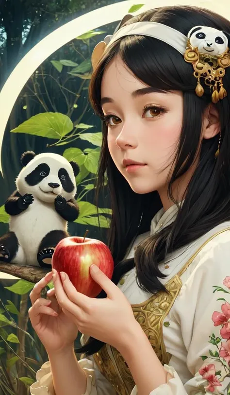 1girl giving apple to a large anthropomorphic panda, cinematic, elegant, intricate, 8 k, close up, in the style of studio ghibli and heikala and alphonse mucha,