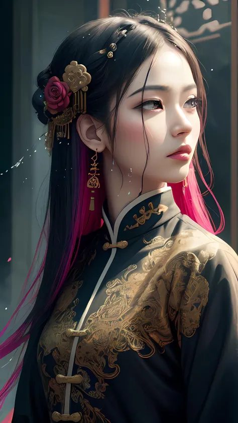 aesthetic,masterpiece,photorealistic,entangle,mandala,tangle,entangle,ecstasy of flower,dynamic angle,the most beautiful form of chaos,elegant,a brutalist designed,vivid colours,romanticism,atmospheric,(fluttered detailed ink splashs), (illustration),1girl,(long hair),electronics, motors, wires, buttons, lcd,lacivious pose,(expressionless ,hair ornament:1.4)chinese clothes,(focus on), color Ink wash painting,(ink splashing),color splashing,((colorful)),[sketch], Masterpiece,best quality, beautifully painted,highly detailed,(denoising:0.7),[splash ink],yin yang,a lot of details,mysterious expression, in a modern and abstract setting, with bold and colorful abstract art, photo shot from front,highly-detailed, (flat color:1.1),(colorful:1.3),(masterpiece:1.2), best quality, masterpiece, original, extremely detailed wallpaper,from everywhere, looking at viewer,upper body, full body,
there is an ancient palace beside the girl,oriental city,eastern architecture,a lot of details,mysterious expression, in a modern and abstract setting, with bold and colorful abstract art,bright lighting,movie studio (analog film:1.3) (vhs movie) (photorealistic) (screencap) (cinematic lighting) (sharp focus) (80sDarkFantasySD15b:1.0),,natural lights, photorealism, cinematic,