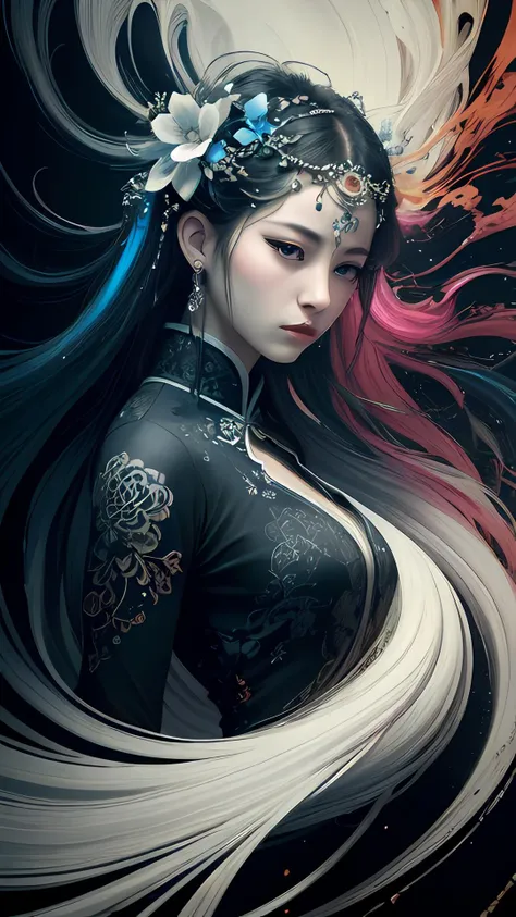 aesthetic,masterpiece,photorealistic,entangle,mandala,tangle,entangle,ecstasy of flower,dynamic angle,the most beautiful form of chaos,elegant,a brutalist designed,vivid colours,romanticism,atmospheric,(fluttered detailed ink splashs), (illustration),1girl,(long hair),electronics, motors, wires, buttons, lcd,lacivious pose,(expressionless ,hair ornament:1.4)chinese clothes,(focus on), color Ink wash painting,(ink splashing),color splashing,((colorful)),[sketch], Masterpiece,best quality, beautifully painted,highly detailed,(denoising:0.7),[splash ink],yin yang,a lot of details,mysterious expression, in a modern and abstract setting, with bold and colorful abstract art, photo shot from front,highly-detailed, (flat color:1.1),(colorful:1.3),(masterpiece:1.2), best quality, masterpiece, original, extremely detailed wallpaper,from everywhere, looking at viewer,upper body, full body,
there is an ancient palace beside the girl,oriental city,eastern architecture,a lot of details,mysterious expression, in a modern and abstract setting, with bold and colorful abstract art,bright lighting,movie studio (analog film:1.3) (vhs movie) (photorealistic) (screencap) (cinematic lighting) (sharp focus) (80sDarkFantasySD15b:1.0),,natural lights, photorealism, cinematic,