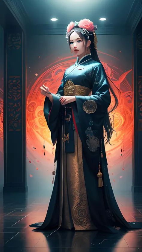aesthetic,masterpiece,photorealistic,entangle,mandala,tangle,entangle,ecstasy of flower,dynamic angle,the most beautiful form of chaos,elegant,a brutalist designed,vivid colours,romanticism,atmospheric,(fluttered detailed ink splashs), (illustration),1girl,(long hair),electronics, motors, wires, buttons, lcd,lacivious pose,(expressionless ,hair ornament:1.4)chinese clothes,(focus on), color Ink wash painting,(ink splashing),color splashing,((colorful)),[sketch], Masterpiece,best quality, beautifully painted,highly detailed,(denoising:0.7),[splash ink],yin yang,a lot of details,mysterious expression, in a modern and abstract setting, with bold and colorful abstract art, photo shot from front,highly-detailed, (flat color:1.1),(colorful:1.3),(masterpiece:1.2), best quality, masterpiece, original, extremely detailed wallpaper,from everywhere, looking at viewer,upper body, full body,
there is an ancient palace beside the girl,oriental city,eastern architecture,a lot of details,mysterious expression, in a modern and abstract setting, with bold and colorful abstract art,bright lighting,movie studio (analog film:1.3) (vhs movie) (photorealistic) (screencap) (cinematic lighting) (sharp focus) (80sDarkFantasySD15b:1.0),,natural lights, photorealism, cinematic,
