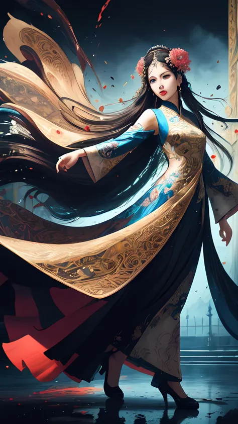 aesthetic,masterpiece,photorealistic,entangle,mandala,tangle,entangle,ecstasy of flower,dynamic angle,the most beautiful form of chaos,elegant,a brutalist designed,vivid colours,romanticism,atmospheric,(fluttered detailed ink splashs), (illustration),1girl,(long hair),electronics, motors, wires, buttons, lcd,lacivious pose,(expressionless ,hair ornament:1.4)chinese clothes,(focus on), color Ink wash painting,(ink splashing),color splashing,((colorful)),[sketch], Masterpiece,best quality, beautifully painted,highly detailed,(denoising:0.7),[splash ink],yin yang,a lot of details,mysterious expression, in a modern and abstract setting, with bold and colorful abstract art, photo shot from front,highly-detailed, (flat color:1.1),(colorful:1.3),(masterpiece:1.2), best quality, masterpiece, original, extremely detailed wallpaper,from everywhere, looking at viewer,upper body, full body,
there is an ancient palace beside the girl,oriental city,eastern architecture,a lot of details,mysterious expression, in a modern and abstract setting, with bold and colorful abstract art,bright lighting,movie studio (analog film:1.3) (vhs movie) (photorealistic) (screencap) (cinematic lighting) (sharp focus) (80sDarkFantasySD15b:1.0),,natural lights, photorealism, cinematic,