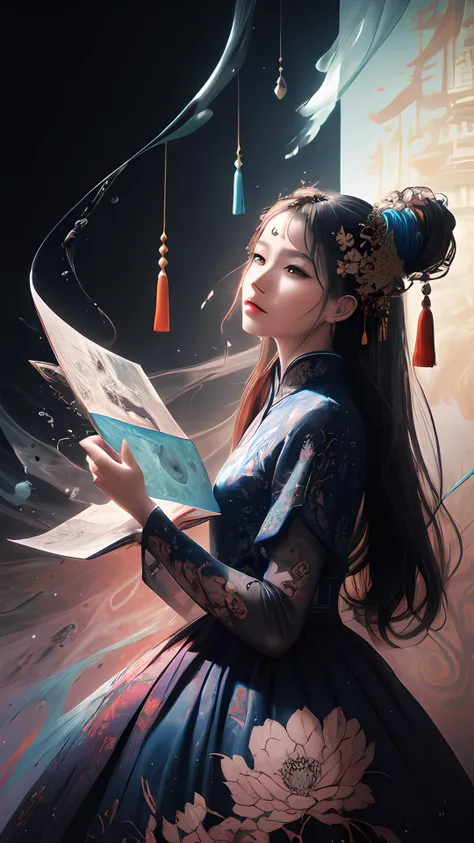 aesthetic,masterpiece,photorealistic,entangle,mandala,tangle,entangle,ecstasy of flower,dynamic angle,the most beautiful form of chaos,elegant,a brutalist designed,vivid colours,romanticism,atmospheric,(fluttered detailed ink splashs), (illustration),1girl,(long hair),electronics, motors, wires, buttons, lcd,lacivious pose,(expressionless ,hair ornament:1.4)chinese clothes,(focus on), color Ink wash painting,(ink splashing),color splashing,((colorful)),[sketch], Masterpiece,best quality, beautifully painted,highly detailed,(denoising:0.7),[splash ink],yin yang,a lot of details,mysterious expression, in a modern and abstract setting, with bold and colorful abstract art, photo shot from front,highly-detailed, (flat color:1.1),(colorful:1.3),(masterpiece:1.2), best quality, masterpiece, original, extremely detailed wallpaper,from everywhere, looking at viewer,upper body, full body,
there is an ancient palace beside the girl,oriental city,eastern architecture,a lot of details,mysterious expression, in a modern and abstract setting, with bold and colorful abstract art,bright lighting,movie studio (analog film:1.3) (vhs movie) (photorealistic) (screencap) (cinematic lighting) (sharp focus) (80sDarkFantasySD15b:1.0),,natural lights, photorealism, cinematic,