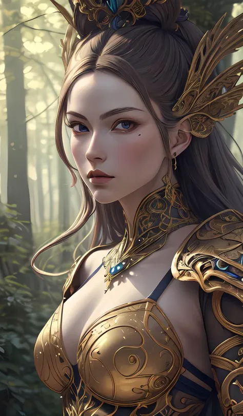 a masterpiece ultrarealistic ultradetailed portrait of a beautiful girl in incredible goledn armor. baroque renaissance. in forest. medium shot, intricate, elegant, highly detailed. trending on artstation, digital art, by stanley artgerm lau, wlop, rossdraws, james jean, andrei riabovitchev, marc simonetti, yoshitaka amano. background by james jean and gustav klimt, light by julie bell, 4 k, porcelain skin.
