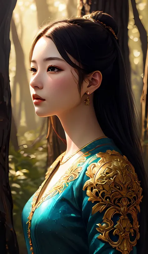a masterpiece ultrarealistic ultradetailed portrait of a beautiful girl in incredible goledn armor. baroque renaissance. in forest. medium shot, intricate, elegant, highly detailed. trending on artstation, digital art, by stanley artgerm lau, wlop, rossdraws, james jean, andrei riabovitchev, marc simonetti, yoshitaka amano. background by james jean and gustav klimt, light by julie bell, 4 k, porcelain skin.