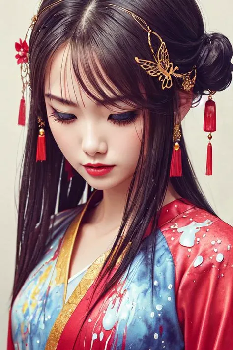 dramatic angle,(fluttered detailed ink splashs), (illustration),(((1 girl))),(long hair),(rain:0.6),(expressionless ,hair ornament:1.4),there is an ancient palace beside the girl,chinese clothes,(focus on), color Ink wash painting,(ink splashing),color splashing,((colorful)),[sketch], Masterpiece,best quality, beautifully painted,highly detailed,(denoising:0.7),[splash ink],yin yang