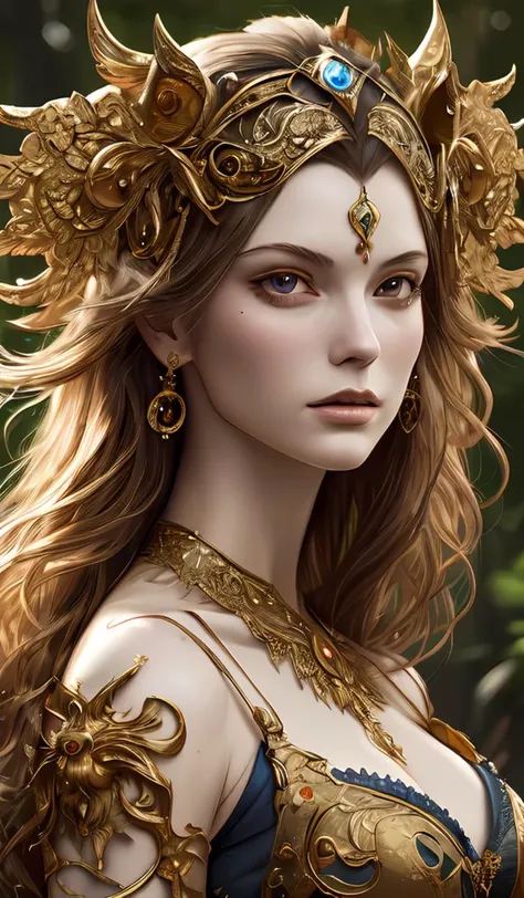 a masterpiece ultrarealistic ultradetailed portrait of a beautiful girl in incredible goledn armor. baroque renaissance. in forest. medium shot, intricate, elegant, highly detailed. trending on artstation, digital art, by stanley artgerm lau, wlop, rossdraws, james jean, andrei riabovitchev, marc simonetti, yoshitaka amano. background by james jean and gustav klimt, light by julie bell, 4 k, porcelain skin.