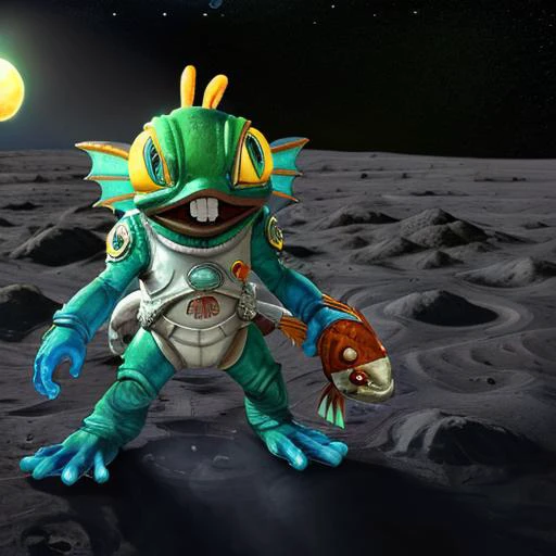 ((murky in a spacesuit on the moon))<lora:MurkyLora:0.7> solo, teeth, pokemon (creature), fangs, turtle, holding, fish, murky (creature), Highly detailed, masterpiece, best quality,