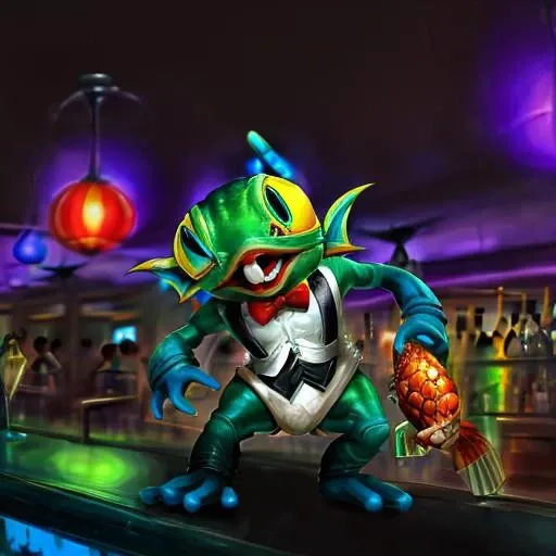 (((murky dancing a tuxedo in a bar:1.2 )))<lora:MurkyLora:0.7> solo, teeth, pokemon (creature), fangs, turtle, holding, fish, murky (creature), Highly detailed, masterpiece, best quality,