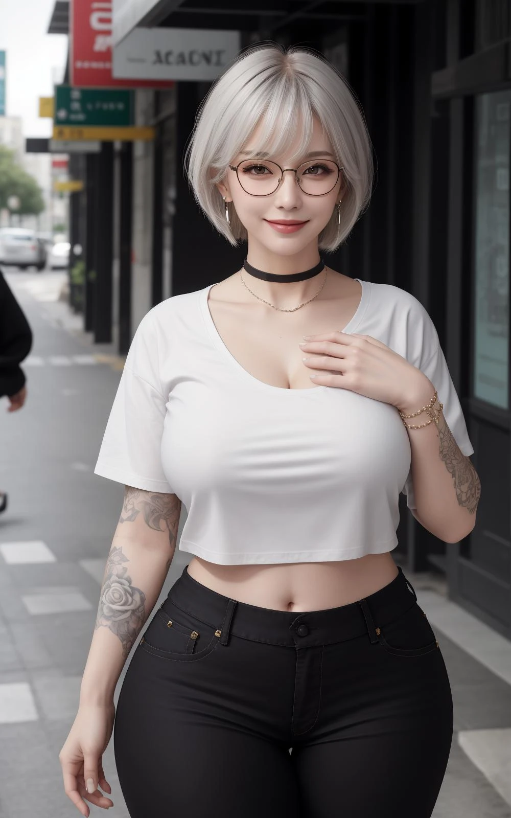 (Masterpiece:1.4), (best quality:1.2), looking at viewer, tall female, naughty face, seductive smile, hand on own chest,
1girl, solo, mature female,thick thighs, (depth of field:1.2), narrow waist, busty, curvy,
gigantic breasts,
wide hips,
yoenhee, short hair, bangs,shirt, jewelry, white hair, earrings, glasses, choker, midriff, pants, hair over one eye, tattoo, shorts, long bangs,
street, walking,