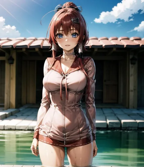 (masterpiece, best quality, extremely detailed CG, beautiful detailed eyes, ultra-detailed, intricate details:1.2), 8k wallpaper, elaborate features, glistening shiny, glowing light, ray tracing, HDR, deph of field, (perfect face), HD, perfect lighting, ((beautiful detailed eyelashes)), ((cowboy shot, looking at viewer)), ((outdoors, sky, water drop)), 
JubeiYagyu, 1girl, red hair, long hair, blue eyes, braid, thigh strap, frills, jacket, ponytail, hair between eyes, bangs, long sleeves, hair ornament, hair ribbon, sailor collar, fingerless gloves, choker, school uniform, cleavage, thighhighs, serafuku, boots, miniskirt,  <lora:JubeiYagyu:1>