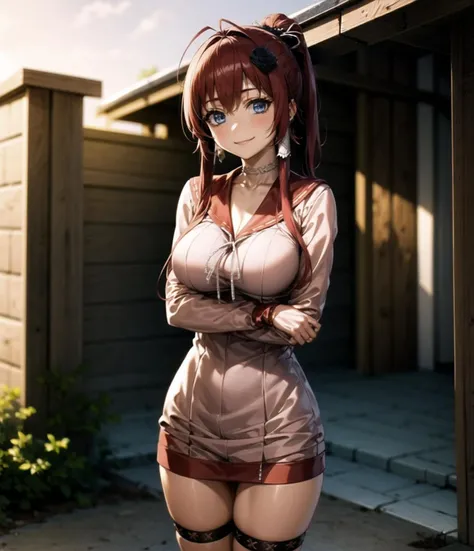 (masterpiece, best quality, extremely detailed CG, beautiful detailed eyes, ultra-detailed, intricate details:1.2), 8k wallpaper, elaborate features, glistening shiny, glowing light, ray tracing, HDR, deph of field, (perfect face), HD, perfect lighting, ((beautiful detailed eyelashes)), ((cowboy shot, looking at viewer)), ((outdoors, sky, from behind, looking back, embarrassed, open mouth, full-face blush)), solo:1.5,
JubeiYagyu, 1girl, red hair, long hair, blue eyes, thigh strap, frills, antenna hair, jacket, hair between eyes, bangs, long sleeves, hair ornament, hair ribbon, sailor collar, fingerless gloves, choker, school uniform, cleavage, thighhighs, serafuku, boots, miniskirt,  <lora:JubeiYagyu:1>