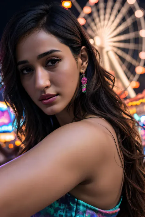 ((Selfie:1.1)), (raw:1.1) photo of (Dish4P4t4n101:0.99), a woman as a model, modelshoot style, (extremely detailed CG unity 8k wallpaper), photo of the most beautiful artwork in the world, professional majestic oil painting by Ed Blinkey, Atey Ghailan, Studio Ghibli, by Jeremy Mann, Greg Manchess, Antonio Moro, trending on ArtStation, trending on CGSociety, Intricate, High Detail, Sharp focus, dramatic, photorealistic painting art by midjourney and greg rutkowski, (at night:1.2), (dimly lit), (neon lights:1.2), (carnival:1.1), (makeup:1.1), ((ferris wheel in background)), ((summer dress:1.2)), (looking at viewer:1.3), (detailed pupils:1.3), (modern outfit:1.2), (closeup), (earrings), <lora:LowRa_2:0.3>