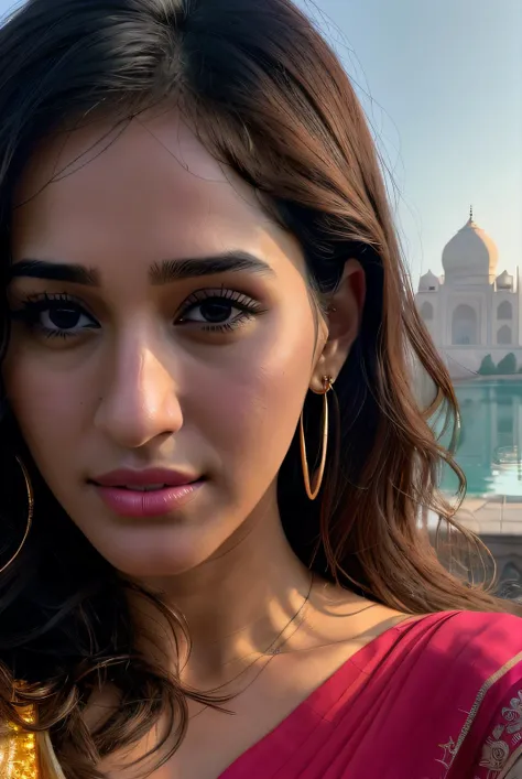 ((Selfie:1.1)), (raw:1.1) photo of (Dish4P4t4n101:0.99), a woman as an actress, modelshoot style, (extremely detailed CG unity 8k wallpaper), photo of the most beautiful artwork in the world, professional majestic oil painting by Ed Blinkey, Atey Ghailan, Studio Ghibli, by Jeremy Mann, Greg Manchess, Antonio Moro, trending on ArtStation, trending on CGSociety, Intricate, High Detail, Sharp focus, dramatic, photorealistic painting art by midjourney and greg rutkowski, (at noon:1.2), (brightly lit), (sun shining:1.2), (sunglasses:1.1), (makeup:1.1), ((Taj Mahalin background)), ((wearing a sari:1.2)), (looking at viewer:1.3), (detailed pupils:1.3), (modern outfit:1.2), (closeup), (earrings), <lora:LowRa_2:0.3>