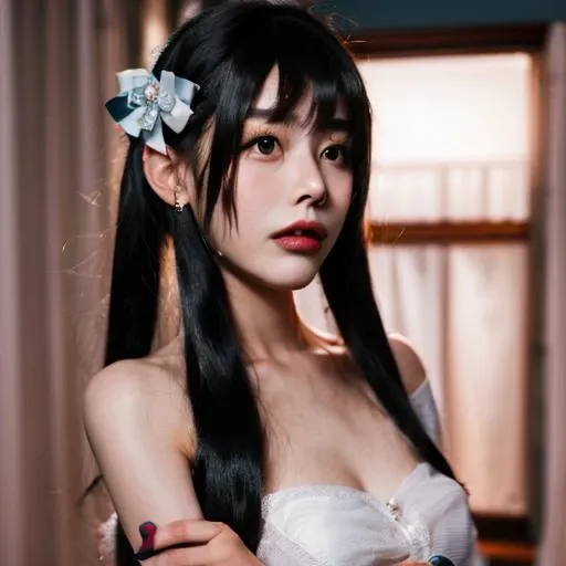 Anime girl with long black hair and a white dress with red roses., guweiz, Guweiz and Pixiv Artstation, detailed digital anime art, beautiful anime girl, Guweiz and Artstation Pixiv, anime style 4k, type, beautiful animated portrait, detailed portrait of anime girl, beautiful anime woman, detailed anime art