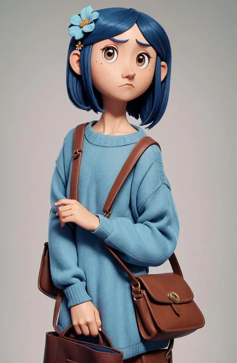 <lora:Coraline:1> light blue sweater, serious expression, looking to the side, brown shoulder bag strap, round brown eyes,  Dark blue hair with a flower accessory
