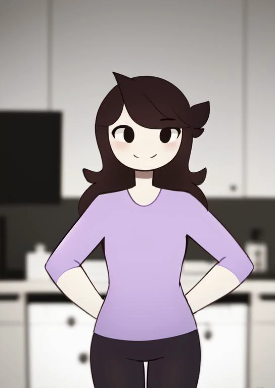 (masterpiece, best quality:1.2), extremely detailed, soft ambient lighting, sharp focus, 4K, BREAK 1girl, solo, <lora:(Concept) Slider Details Minimal:-1>, <lora:JaidenanimationsS2:1>, jaidenanimations, purple shirt, black pants, long brown hair, white skin, BREAK simple background, white background, looking at viewer, smiling, hands on hips,