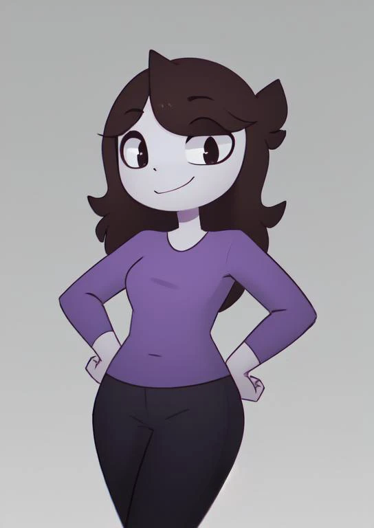 (masterpiece, best quality:1.2), extremely detailed, soft ambient lighting, sharp focus, 4K, BREAK 1girl, solo, <lora:(Concept) Slider Details Minimal:-1>, <lora:JaidenanimationsS2:1>, jaidenanimations, purple shirt, black pants, long brown hair, white skin, BREAK simple background, white background, looking at viewer, smiling, hands on hips,
