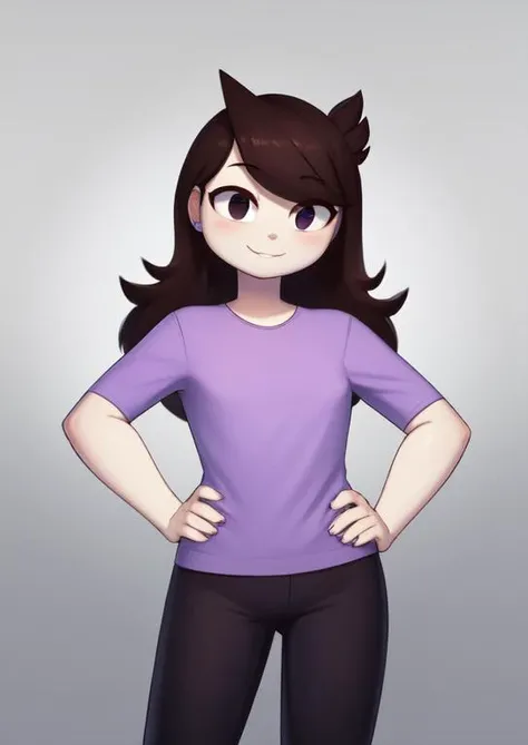 (masterpiece, best quality:1.2), extremely detailed, soft ambient lighting, sharp focus, 4K, BREAK 1girl, solo, <lora:JaidenanimationsS2:1>, jaidenanimations. purple shirt, black pants, brown hair, white skin, BREAK simple background, white background, looking at viewer, smiling, hands on hips