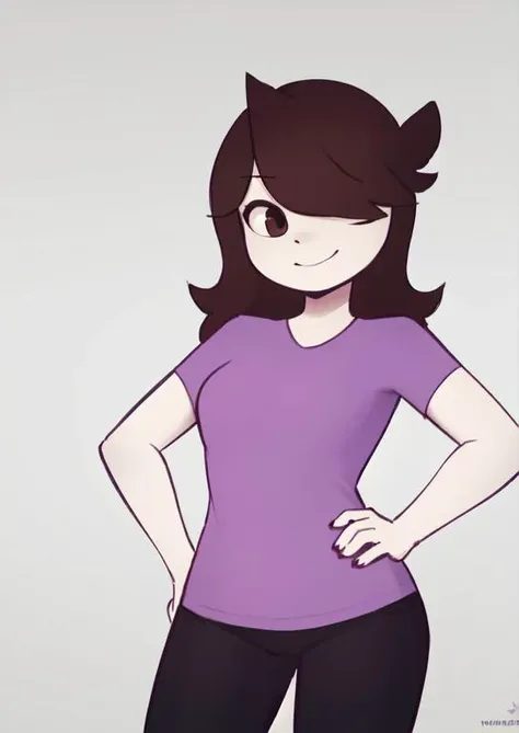 (masterpiece, best quality:1.2), extremely detailed, soft ambient lighting, sharp focus, 4K, BREAK 1girl, solo, <lora:(Concept) Slider Details Minimal:-1>, <lora:JaidenanimationsS2:1>, jaidenanimations, purple shirt, black pants, long brown hair, white skin, BREAK simple background, white background, looking at viewer, smiling, hands on hips,