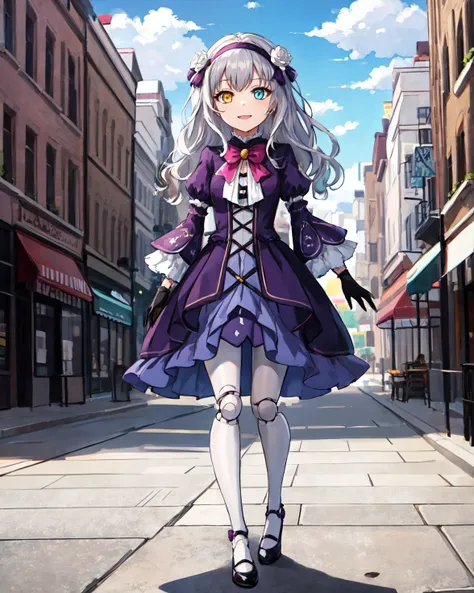 best quality, (masterpiece:1.2), illustration, absurdres,
(1girl), (solo), (beautiful detailed girl), full body shot,
<lora:Lapis:0.75> Lapis Rosenberg, grey hair, long hair, heterochromia, (yellow and aqua eyes), child, short, young, (doll joints:1.2),
headband, hair ornament, purple dress, gothic dress, frills, ribbons, (white pantyhose), black gloves,
looking at viewer, happy,
city marketplace, fountain, buildings, trees, day, sky, clouds, sun,,