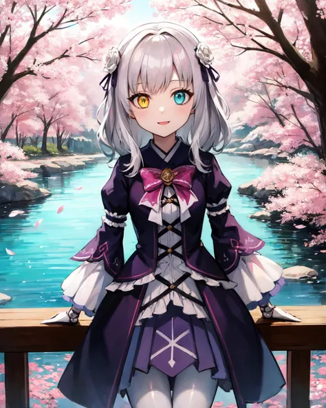 best quality, (masterpiece:1.2), illustration, absurdres,
(1girl), (solo), (beautiful detailed girl), cowboy shot,,
<lora:Lapis:0.9> Lapis Rosenberg, doll, child, short, young, heterochromia, (yellow and aqua eyes), (doll joints:1.3), (white pantyhose),
purple dress, gothic dress, frills, ribbons,
looking at viewer, happy,
distant mountains, cherry trees, cherry blossom, petals, japanese architecture, river,,