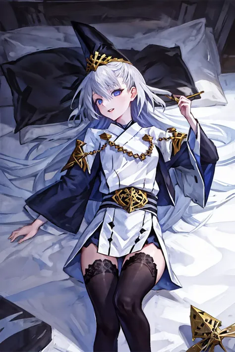 lying on bed, 1girl,solo,flowing_hair,black legwear,
<lyco:Kuon-000009:0.7>,KuonHat,KuonMain,