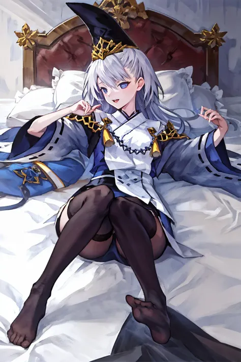 lying on bed, 1girl,solo,flowing_hair,black legwear,
<lyco:Kuon-000009:0.7>,KuonHat,KuonMain,