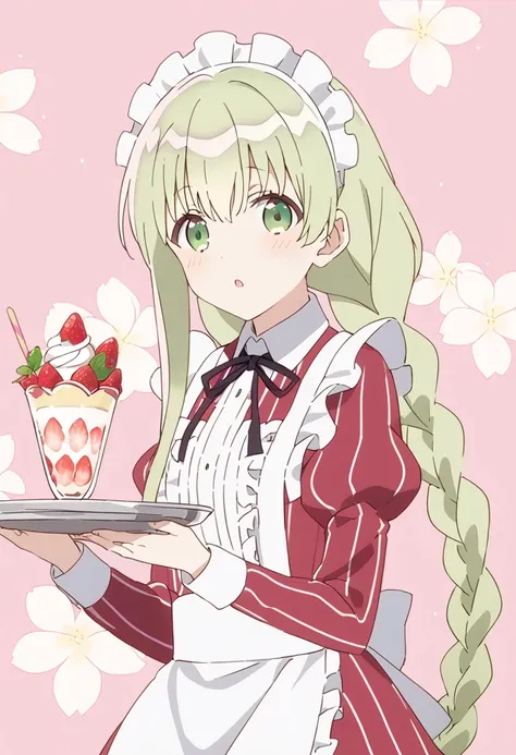 1girl, cecilia \(shiro seijo to kuro bokushi\), anime screencap, green eyes, solo, maid headdress, parfait, eyebrows visible through hair, blush, maid, tray, green hair, food, holding tray, parted lips, looking at viewer, white apron, juliet sleeves, frills, :o, very long hair, hair between eyes, striped dress, frilled apron, strawberry, neck ribbon, floral background, pink background, hair bow, maid apron, single braid, red dress, braided ponytail, alternate costume, black ribbon, blonde hair, fruit, blue bow, ice cream, enmaided, twin braids, white flower, center frills, vertical stripes, black neckwear, upper body, sidelocks, shirt, puffy long sleeves, collared dress, waist apron, open mouth, shiny hair, collared shirt, shiny, twintails, holding plate, plate, waitress <lora:cecilia_shiro_seijo_sdxl_locon_ani_v1:0.7>