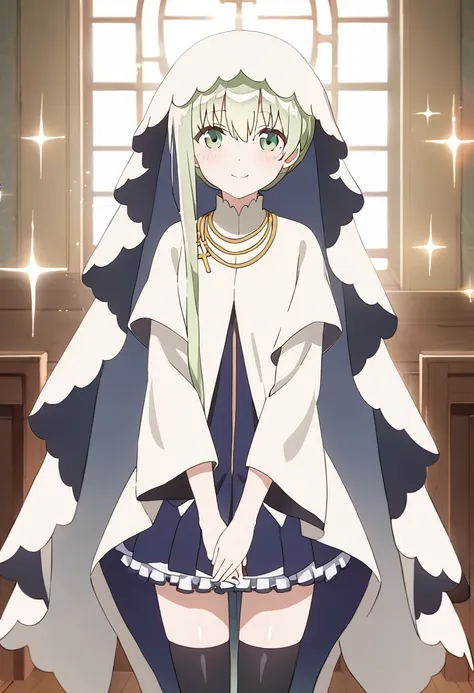 1girl, cecilia \(shiro seijo to kuro bokushi\), anime screencap, green eyes, green hair, smile, thighhighs, solo, black legwear, looking at viewer, window, eyebrows visible through hair, long sleeves, indoors, closed mouth, necklace, jewelry, own hands together, veil, blush, standing, wide sleeves, very long hair, blue skirt, sparkle, 1girl, male focus, zettai ryouiki, blue dress, white capelet, v arms, robe, hair between eyes, pleated skirt, cowboy shot, frills, blurry, sidelocks, table, white cape, cross, white dress, head tilt, asymmetrical hair, shiny, shiny hair, frilled skirt, depth of field, day, sunlight <lora:cecilia_shiro_seijo_sdxl_locon_ani_v1:0.7>