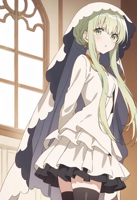 1girl, cecilia \(shiro seijo to kuro bokushi\), anime screencap, solo, thighhighs, green eyes, black legwear, arms behind back, eyebrows visible through hair, blush, looking at viewer, long sleeves, green hair, black dress, blurry background, blurry, parted lips, hair between eyes, leaning forward, depth of field, jewelry, standing, window, very long hair, own hands together, veil, zettai ryouiki, looking back, :o, feet out of frame, indoors, frills, frilled dress, short dress, bent over, wide sleeves, hood up, blonde hair, sleeves past wrists, necklace, looking to the side, from side, layered dress, from behind, open mouth, sidelocks, white jacket, earrings, light particles, bound, white dress, own hands clasped, layered skirt, open clothes, sleeveless dress, pleated dress, black skirt, masterpiece, best quality <lora:cecilia_shiro_seijo_sdxl_locon_ani_v1:0.7>