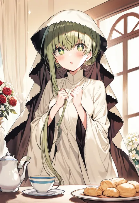 1girl, cecilia \(shiro seijo to kuro bokushi\), official art, green hair, green eyes, solo, blush, food, sparkle, eyebrows visible through hair, long sleeves, wide sleeves, teacup, + +, :o, hands up, looking at viewer, hair between eyes, indoors, teapot, window, depth of field, red flower, blurry background, upper body, veil, sparkling eyes, open mouth,  parted lips, sunlight, very long hair, red rose, vase, clenched hands, symbol-shaped pupils, white dress, short hair with long locks, dutch angle, asymmetrical hair, saucer, curtains, scone, white flower, plant, day, tea, robe, plate, star \(symbol\), potted plant, masterpiece, best quality <lora:cecilia_shiro_seijo_sdxl_locon_ani_v1:0.7>