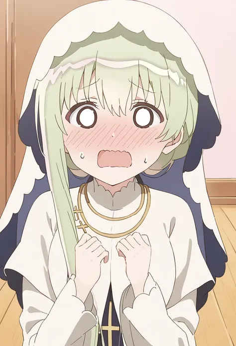 1girl, cecilia \(shiro seijo to kuro bokushi\), anime screencap, blush, solo, green hair, long hair, open mouth, wavy mouth, o o, veil, jewelry, necklace, indoors, hands up, full-face blush, sweatdrop, embarrassed, hair between eyes, eyebrows visible through hair, cross, long sleeves, wooden floor, parody, white dress, sweat, robe, sidelocks, nose blush, upper body, nun, looking at viewer, white capelet, habit <lora:cecilia_shiro_seijo_sdxl_locon_ani_v1:0.7>