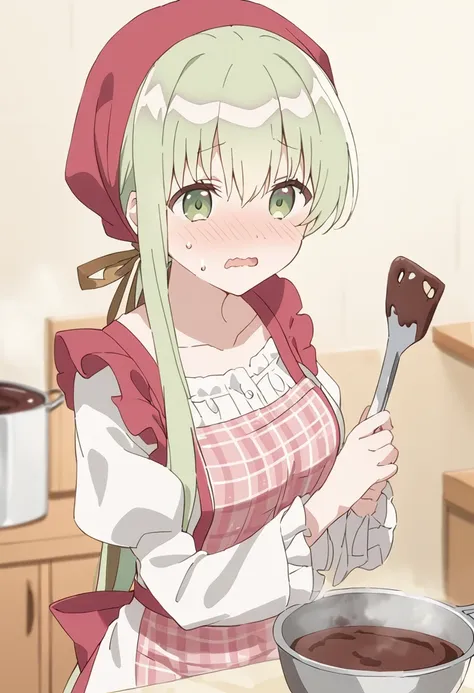 1girl, cecilia \(shiro seijo to kuro bokushi\), anime screencap, solo, blush, eyebrows visible through hair, green hair, spatula, open mouth, green eyes, blurry, blurry background, chocolate, looking at viewer, depth of field, nose blush, head scarf, sweat, hair between eyes, hair ribbon, bowl, long sleeves, pink apron, white shirt, mixing bowl, floral print, red apron, ponytail, plaid, wavy mouth, holding bowl, frills, chocolate making, very long hair, indoors, upper body, cooking, red ribbon, kitchen, sidelocks, low ponytail, holding spatula, collarbone, white apron, valentine, frilled apron, print apron, brown eyes, bandana, hands up, brown ribbon, waist apron, low twintails, medium breasts, ladle, frilled sleeves, food, puffy short sleeves, , sweatdrop, fingernails, white dress, plaid apron, wide sleeves, pot, pastry bag, standing, masterpiece, best quality <lora:cecilia_shiro_seijo_sdxl_locon_ani_v1:0.7>