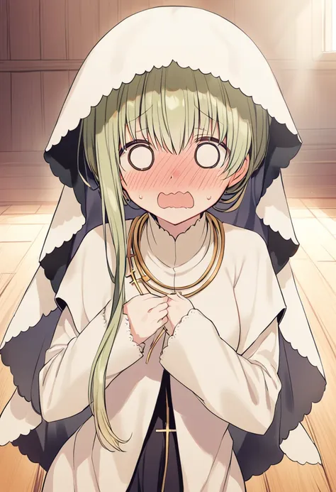 1girl, cecilia \(shiro seijo to kuro bokushi\), official art, blush, solo, green hair, long hair, open mouth, wavy mouth, o o, veil, jewelry, necklace, indoors, hands up, full-face blush, sweatdrop, embarrassed, hair between eyes, eyebrows visible through hair, cross, long sleeves, wooden floor, parody, white dress, sweat, robe, sidelocks, nose blush, upper body, nun, looking at viewer, white capelet, habit <lora:cecilia_shiro_seijo_sdxl_locon_ani_v1:0.7>