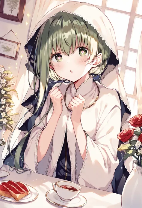 score_9, score_8_up, score_7_up, best quality, masterpiece, source_anime BREAK
1girl, cecilia \(shiro seijo to kuro bokushi\), official art, green hair, green eyes, solo, blush, food, sparkle, eyebrows visible through hair, long sleeves, wide sleeves, teacup, + +, :o, hands up, looking at viewer, hair between eyes, indoors, teapot, window, depth of field, red flower, blurry background, upper body, veil, sparkling eyes, open mouth,  parted lips, sunlight, very long hair, red rose, vase, clenched hands, symbol-shaped pupils, white dress, short hair with long locks, dutch angle, asymmetrical hair, saucer, curtains, scone, white flower, plant, day, tea, robe, plate, star \(symbol\), potted plant <lora:cecilia_shiro_seijo_sdxl_locon_pony_v1:0.7>