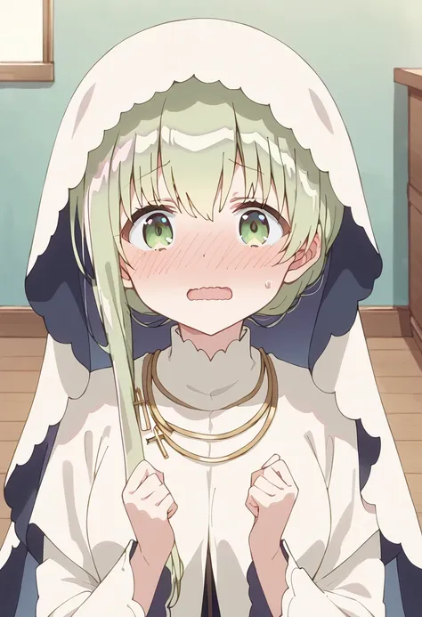 score_9, score_8_up, score_7_up, best quality, masterpiece, source_anime BREAK
1girl, cecilia \(shiro seijo to kuro bokushi\), anime screencap, blush, solo, green hair, long hair, open mouth, wavy mouth, o o, veil, jewelry, necklace, indoors, hands up, full-face blush, sweatdrop, embarrassed, hair between eyes, eyebrows visible through hair, cross, long sleeves, wooden floor, parody, white dress, sweat, robe, sidelocks, nose blush, upper body, nun, looking at viewer, white capelet, habit <lora:cecilia_shiro_seijo_sdxl_locon_pony_v1:0.7>