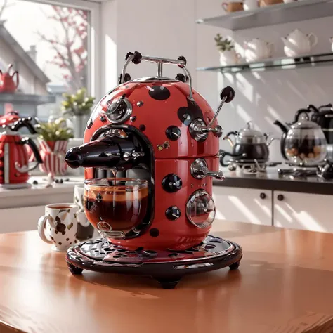 <lora:LadybugAI:1>, LadybugAI coffee machine red and black
