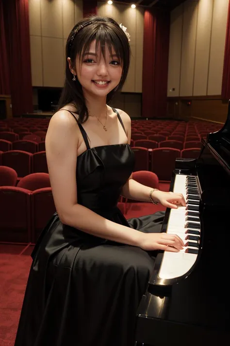 <manoerina> portrait of girl playing grand piano at crowded opulent concert hall in fancy formal dress with long skirt