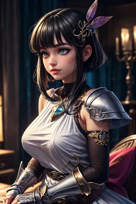 (ultra realistic,32k,RAW photo:1.1),(high detailed skin:1.1), 8k uhd, dslr, high quality, film grain, (makeup, mascara:1.1), lips,(thick\lips\),
(shiny glossy translucent clothing:1.1), <lora:ShadowverseAiela768:0.7>(green eyes:0.8), dress, black hair, white dress, pantyhose, hair ornament, armor, black pantyhose, shoulder armor, sheath, belt, bangs, gloves, short hair, feather hair ornament, sidelocks, blunt bangs, gauntlets, elbow gloves, frills, fingerless gloves, black gloves, short hair with long locks, frilled dress, feathers, sleeveless, pauldrons, white footwear, scabbard, bridal gauntlets, detached sleeves, knee boots, bow, armored boots, gem, high heels, bare shoulders, sleeveless dress, vambraces, jewelry, v-shaped eyebrows, high heel boots, single pauldron, single gauntlet, ribbon,, <lora:add_detail:0.83>, huge breast, (upper body:1.1),
( close up shot, Dancing with one hand extended outwards:1.1),
(busty:1.1) , (chubby:0.1),(iridescence:1.1), <lora:LowRA:0.4>, dark theme , cobblestone street, historic buildings, charming cafes, european ambiance