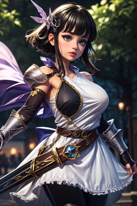 (ultra realistic,32k,RAW photo:1.1),(high detailed skin:1.1), 8k uhd, dslr, high quality, film grain, (makeup, mascara:1.1), lips,(thick\lips\), 
(shiny glossy translucent clothing:1.1), <lora:ShadowverseAiela768:0.7>(green eyes:0.8), dress, black hair, white dress, pantyhose, hair ornament, armor, black pantyhose, shoulder armor, sheath, belt, bangs, gloves, short hair, feather hair ornament, sidelocks, blunt bangs, gauntlets, elbow gloves, frills, fingerless gloves, black gloves, short hair with long locks, frilled dress, feathers, sleeveless, pauldrons, white footwear, scabbard, bridal gauntlets, detached sleeves, knee boots, bow, armored boots, gem, high heels, bare shoulders, sleeveless dress, vambraces, jewelry, v-shaped eyebrows, high heel boots, single pauldron, single gauntlet, ribbon,, <lora:add_detail:0.93>, huge breast, (upper body:1.1),
( Spinning with arms outstretched:1.1), 
 (busty:1.1) ,  (chubby:0.1),(lighting:1.1), <lora:LowRA:0.4>, dark theme , urban park, green oasis, joggers, families, vibrant