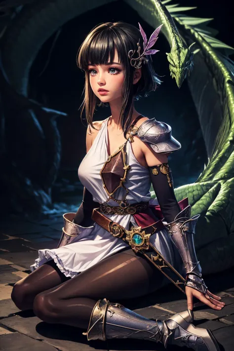 (ultra realistic,32k,RAW photo:1.1),(high detailed skin:1.1), 8k uhd, dslr, high quality, film grain, (makeup, mascara:1.1), lips,(thick\lips\),
(shiny glossy translucent clothing:1.1), <lora:ShadowverseAiela768:0.7>(green eyes:0.8), dress, black hair, white dress, pantyhose, hair ornament, armor, black pantyhose, shoulder armor, sheath, belt, bangs, gloves, short hair, feather hair ornament, sidelocks, blunt bangs, gauntlets, elbow gloves, frills, fingerless gloves, black gloves, short hair with long locks, frilled dress, feathers, sleeveless, pauldrons, white footwear, scabbard, bridal gauntlets, detached sleeves, knee boots, bow, armored boots, gem, high heels, bare shoulders, sleeveless dress, vambraces, jewelry, v-shaped eyebrows, high heel boots, single pauldron, single gauntlet, ribbon,, <lora:add_detail:0.89>, huge breast, (upper body:1.1),
( Sitting with one hand on the floor:1.1),
(busty:1.1) , (chubby:0.1),(neon pastel light:1.1), <lora:LowRA:0.4>, dark theme , dragon's breath grotto, billowing dragon breath, hidden treasure, cavernous sanctuary