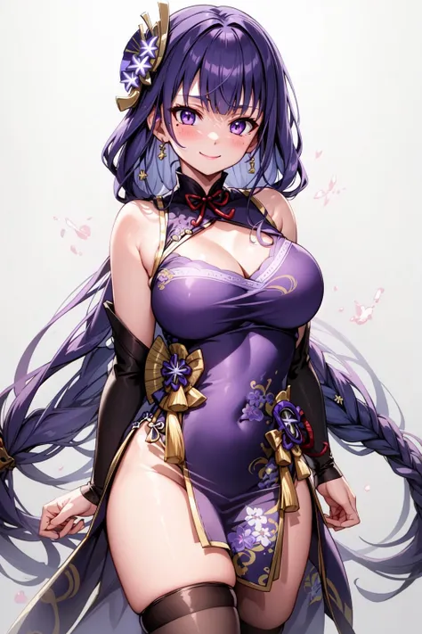 (Masterpiece), high quality, best quality, raiden shogun, genshin impact, purple hair, purple eyes, mole under eye, long hair, braided ponytail, hair flower, hair ornament, purple flower, single braid, sidelocks, <lora:Raiden-Shogun-V1-000004:0.7>, 1girl, solo, looking at viewer, blush, bangs, large breasts, dress, bow, ribbon, cleavage, bare shoulders, very long hair, closed mouth, thighs, cowboy shot, sleeveless, alternate costume, black thighhighs, blunt bangs, red ribbon, bare arms, sleeveless dress, chinese clothes, floral print, cleavage cutout, china dress, pelvic curtain, purple dress, side slit, gold trim, vision (genshin impact), arm under breasts, smile,