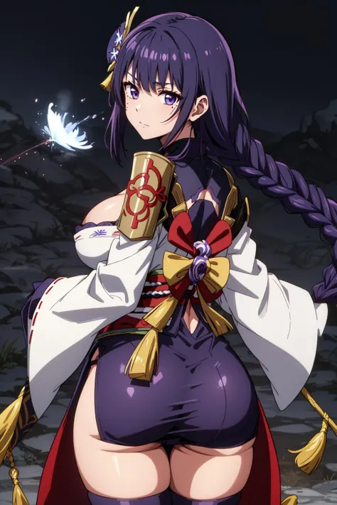 (Masterpiece), high quality, best quality, raiden shogun, genshin impact, purple hair, purple eyes, mole under eye, long hair, braided ponytail, hair flower, hair ornament, purple flower, single braid, sidelocks, <lora:Raiden-Shogun-V1-000004:0.7>, 1girl, solo, large breasts, looking back at viewer, huge ass, ass focus, from behind, bangs, thighhighs, long sleeves, ribbon, cleavage, closed mouth, standing, cowboy shot, japanese clothes, black thighhighs, wide sleeves, kimono, mole, sash, obi, shoulder armor, tassel, bridal gauntlets, geta, obijime, tomoe (symbol), obiage, mitsudomoe (shape)