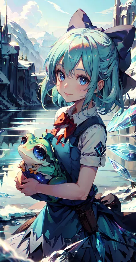 (8k,  masterpiece, best quality, high resolution), fantasy,  
cute face, kawaii, cute, very big eyes, Aesthetic Anime Eyes, small face,
1girl, solo, 
(frog:1.2),
smile, 
<lora:cirno:1> cirno, 1girl,blue hair,hair bow,blue dress,short sleeves, ice wings,red bowtie, 
<lora:FrostRaceTech-20:0.8> frostracetech, 
frozen lake, wasteland, 
looking at viewer,