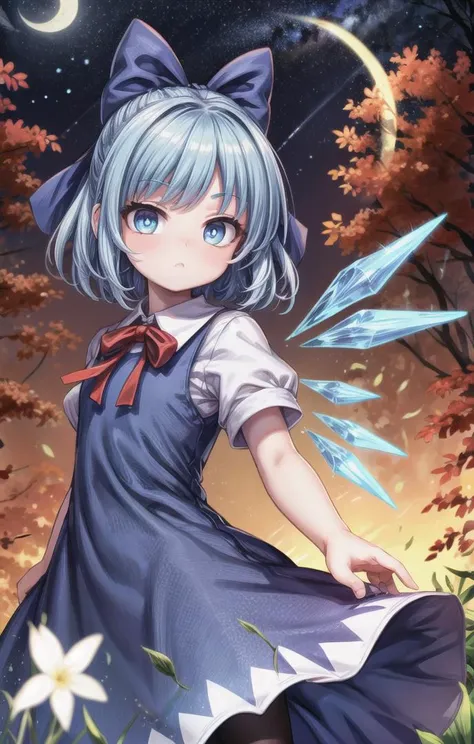 1 girl,cute,(looking at viewer:1.0), adorabel girl,cute face,details sky,handsome,young,juvenile,((masterpiece:1.4,best quality)),multiple details,eyeshadow,sfw, (medium shot:1.5),
gradiant eyes, hazel eyes, (long black lycra pantyhose:1)
lora:add_detail:0.8>, <lora:more_details:0.4>, <lora:cirno:0.8>, forest, (night:1.2)
blue hair,hair bow,(blue dress:1.4),short sleeves, ice wings,red bowtie,cirno